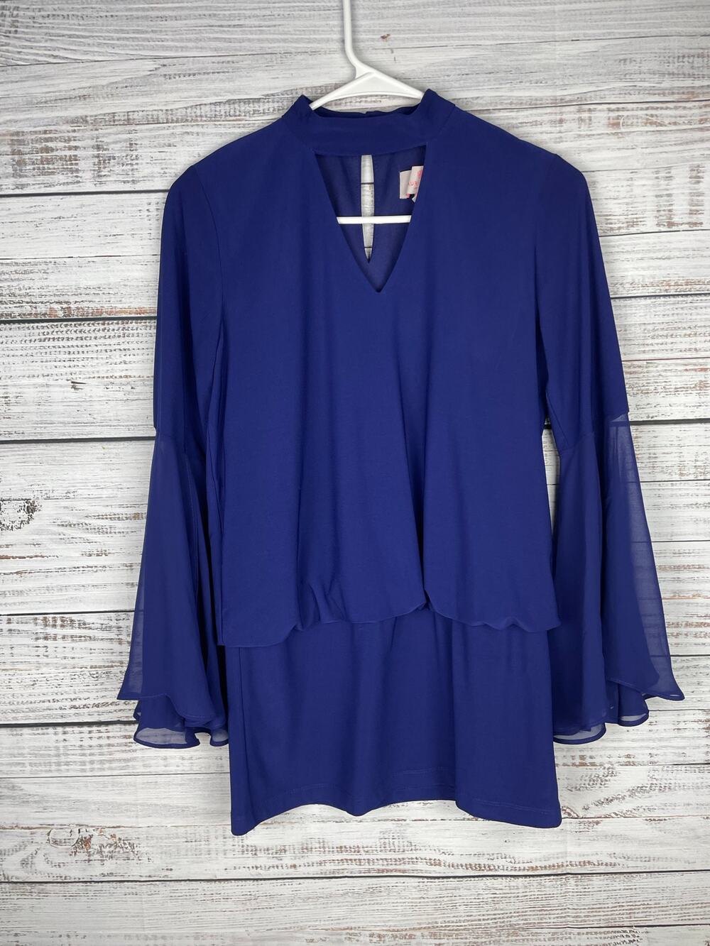 Laurie Felt Knit Top Woven Bell sleeves Sheer BLUE XXS Stretch Fairy Witchy Boho
